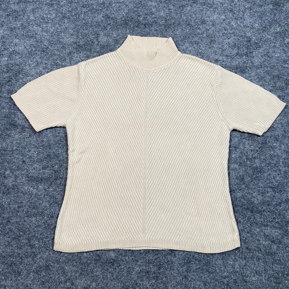 Starford Womens 100% Silk Mock Neck Short Sleeve Ribbed Knit Top Beige Large